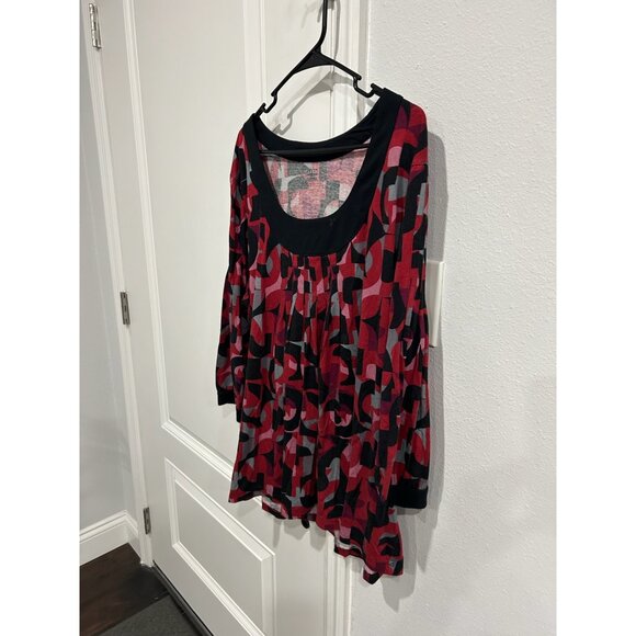 A.N.A A New Approach Geometric 3/4 Sleeve Top Red Black Sz 2X Scoop Neck Pleated - Picture 3 of 10